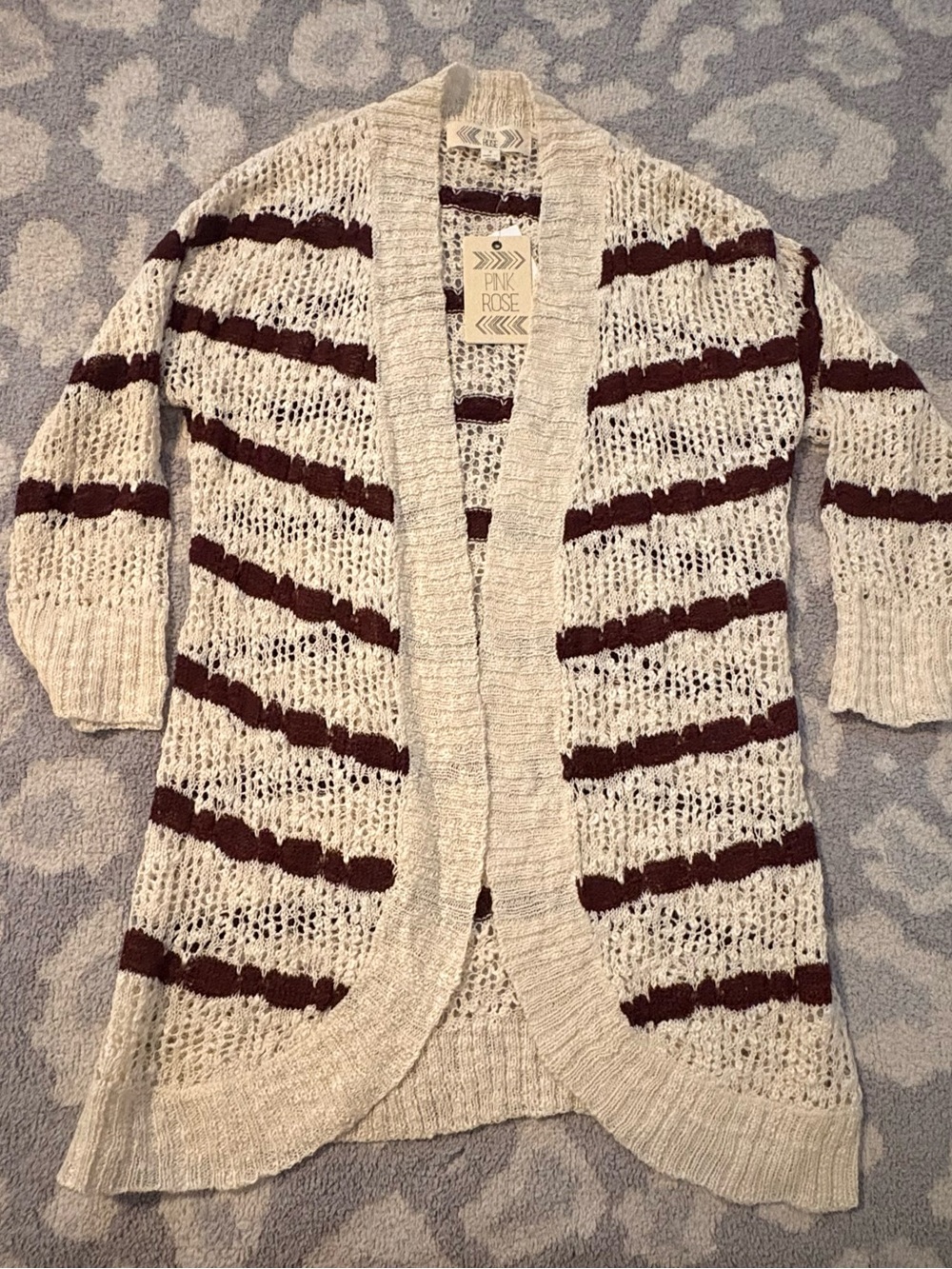 Pink Rose Cream Open-Knit Cardigan with Burgundy Stripes